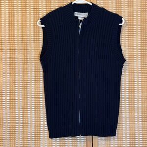 Bedford Fair‎ Navy Blue Full Zip Ribbed Mock Neck Sweater Vest Womens Small USA